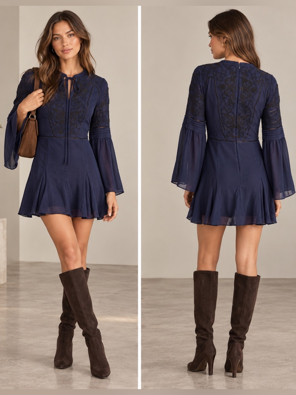 Parker Silk Chiffon Embroidered Bell Sleeve Mini Dress Navy Black M